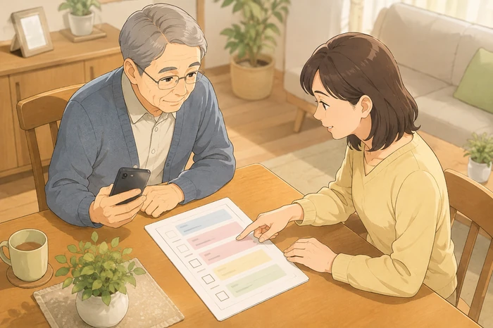 70代の高齢者と50代の子が自宅のテーブルで電話対応や手続きなど役割を確認している茨木市 身元保証の確認場面画像
