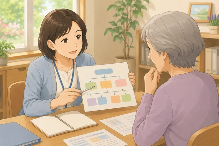 地域の相談員が高齢者に対して、色分けされた簡単なフローチャート（抽象表現）を示しながら説明している場面の画像