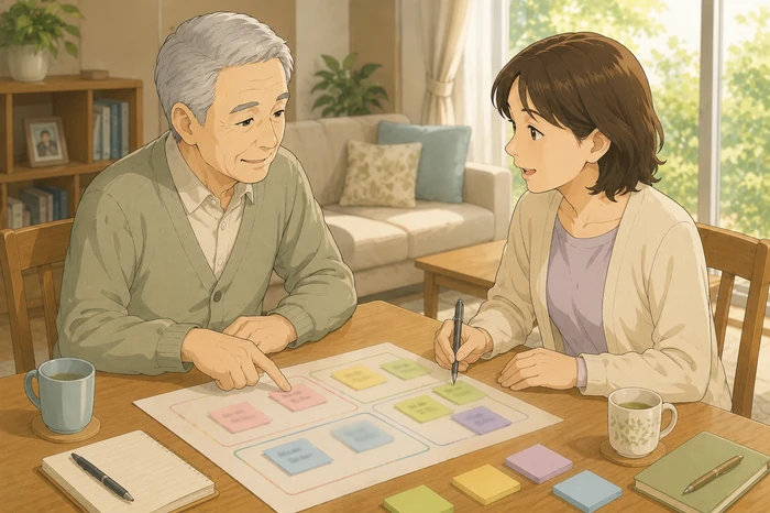 70代の親と50代の子が付箋で連絡・手続き・現地対応・継続対応の分担を整理する和泉市の身元保証画像