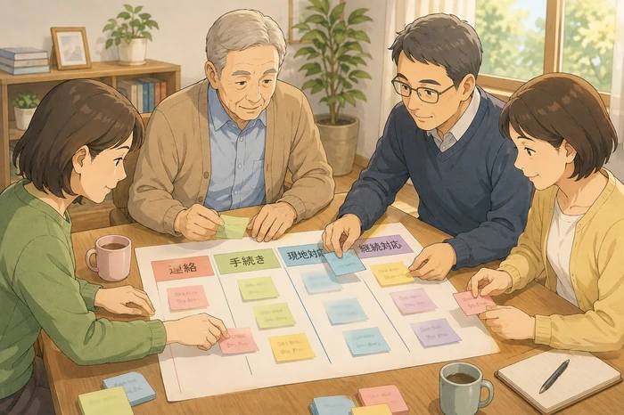 家族が付箋で連絡・手続き・現地対応・継続対応の4項目に分けて担当を決める和泉市の身元保証画像
