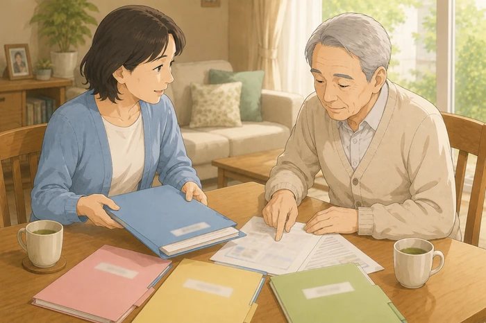 高齢の本人と家族が色分けしたファイルで入居後の連絡と書類対応を整理する和泉市の身元保証画像