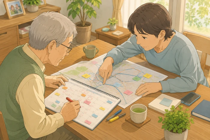 高齢者と子どもが地図とカレンダーで遠方や時間の制約を確認する和泉市の身元保証画像