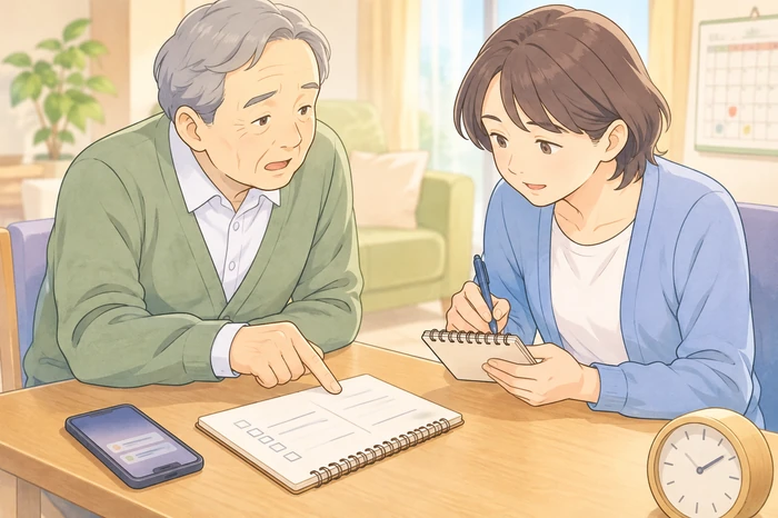 高齢の本人と50代の子が入院に備えて短時間で連絡先や対応項目をメモする和泉市の身元保証画像