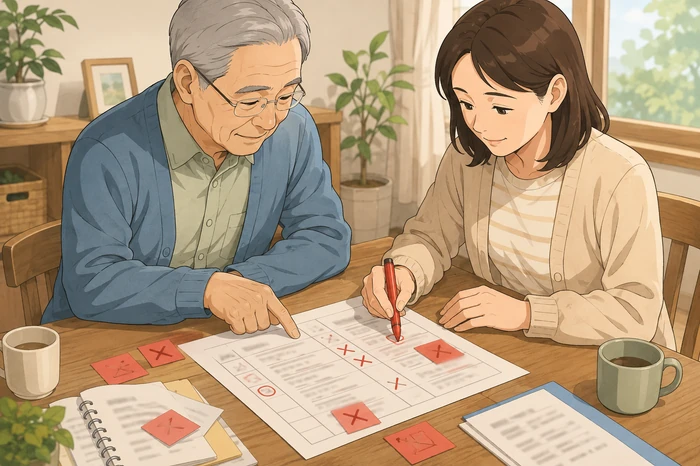 高齢の本人と子どもがチェックリストで家族で対応できない項目に印を付けている和泉市の身元保証画像