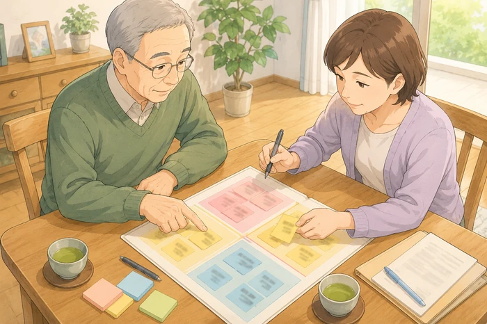 高齢の本人と家族がテーブルで誰が何をするかを書き出している和泉市の身元保証画像
