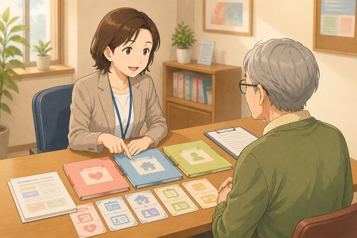 高齢者と支援者が色分けした資料で介護・生活・保証の相談内容を分類する和泉市の身元保証画像