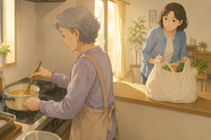 70代後半の高齢女性が台所で自分で料理を続ける一方、支援者が重い買い物袋をそっとカウンターに置く様子の画像