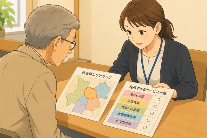 自治体窓口で職員が簡略な地図とサービスの色分け一覧を示し、利用者と一緒に住所地で何が使えるかを確認している様子、身寄りのない高齢者 公的支援の地域差確認画像