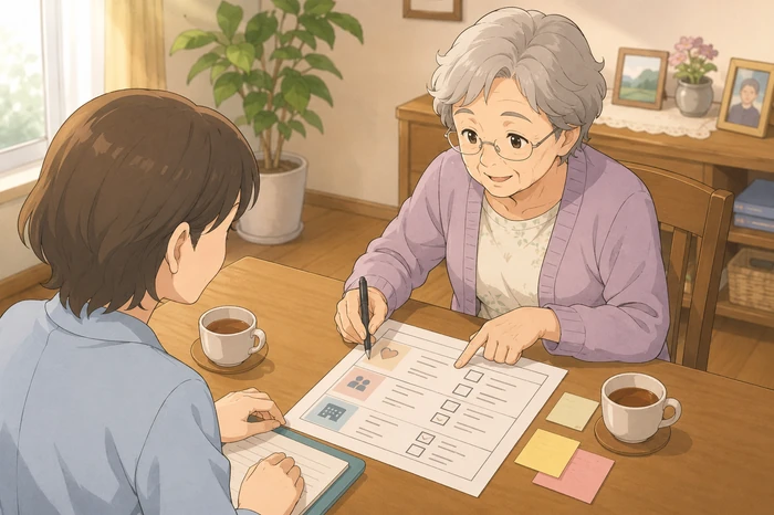 机の上で葬儀と納骨の希望を書き残し支援者に説明する70代の高齢女性と相談者の様子の画像
