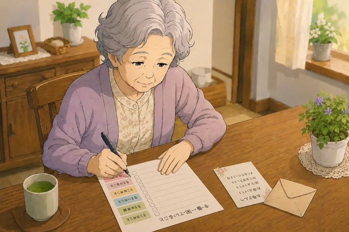 70代の高齢者がテーブルで「今困っていること」のチェックリストにペンで一つを書き留めている様子を描いた画像