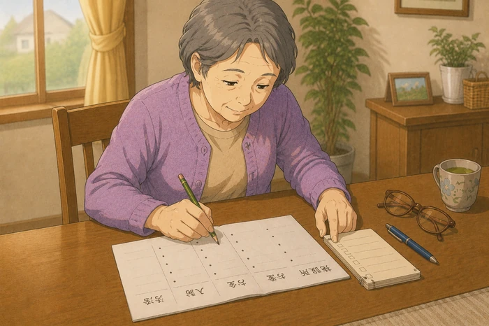 自宅のテーブルで「生活・お金・入院・施設入所」と見出しを作り今の困りごとを書き出す高齢者とメモをする手元の様子、身寄りのない高齢者 公的支援の準備をする画像