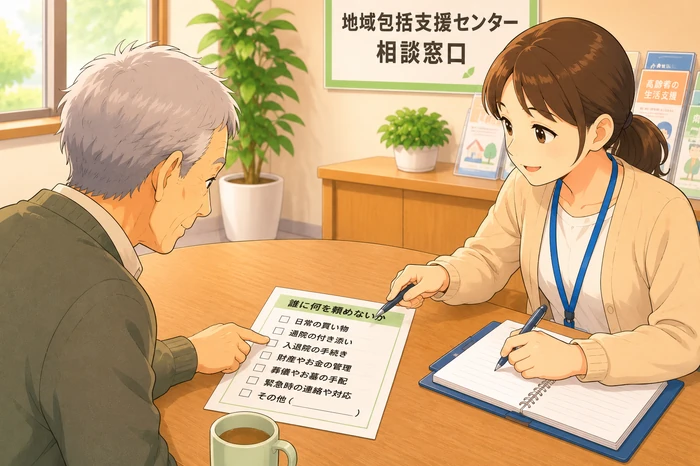 相談窓口の机で相談員と向かい合い、誰に何を頼めないかのチェック欄を指さして説明する場面、身寄りのない高齢者 公的支援に関する相談画像