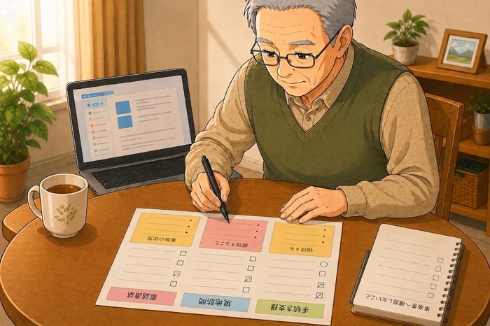 若い女性が電話連絡と現地訪問を分けた付箋を並べ、どちらが必要か整理している画像