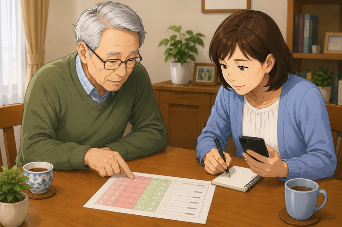 高齢者と家族が入院後や入居後にどのような連絡が来るかを示すチェック表を見ながら話し合っている画像