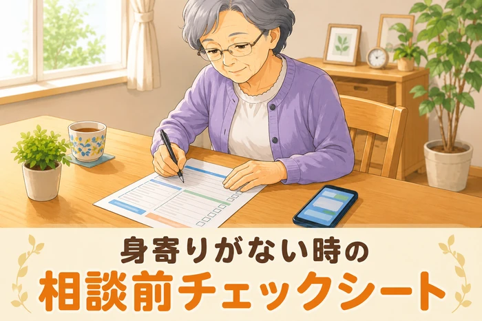 70代の高齢者がテーブルで相談前チェックシートに記入しており、横にメッセージ送信用のスマホが置かれている画像