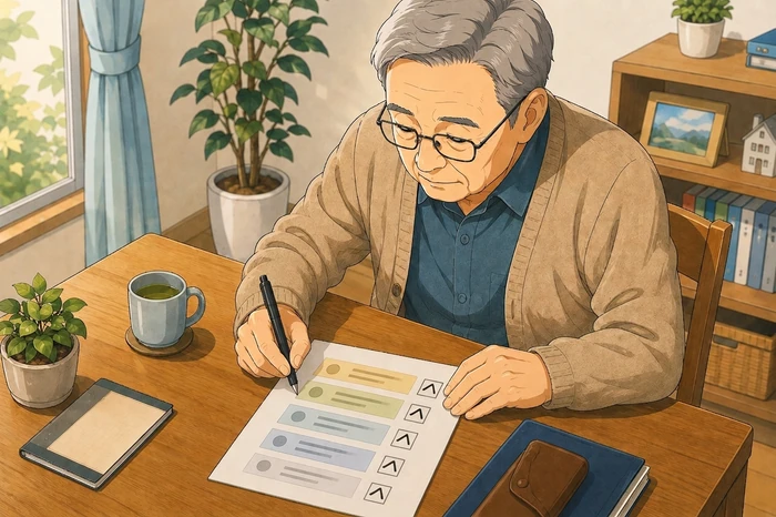 70代の高齢者が「今一番困っていること」や家族の対応可能範囲を書いた簡易チェックリストにチェックを入れている画像