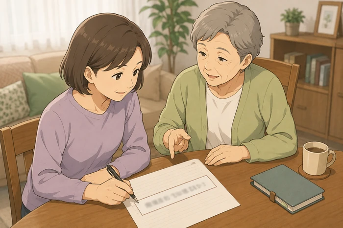 50代の子が高齢の親と一緒に相談前の要点を一行にまとめるメモを作成する茨木市 身元保証の準備画像