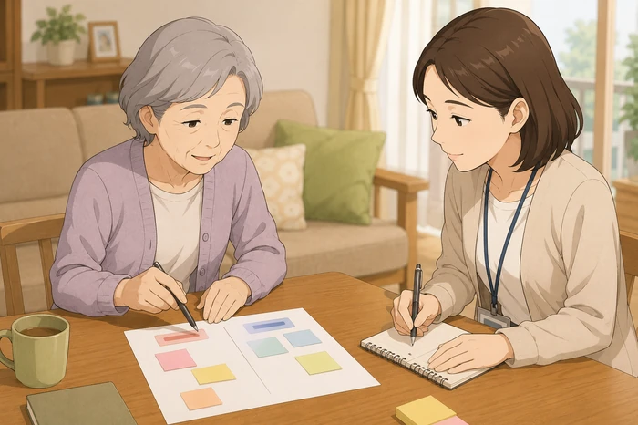 支援員と自宅で葬儀や納骨の希望を話し合いメモする70代女性の様子を示す画像