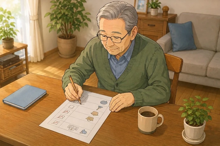70代の高齢者がテーブルでチェックリストを見ながら『通院』『買い物』など自分の困りごとにマークを付けている画像
