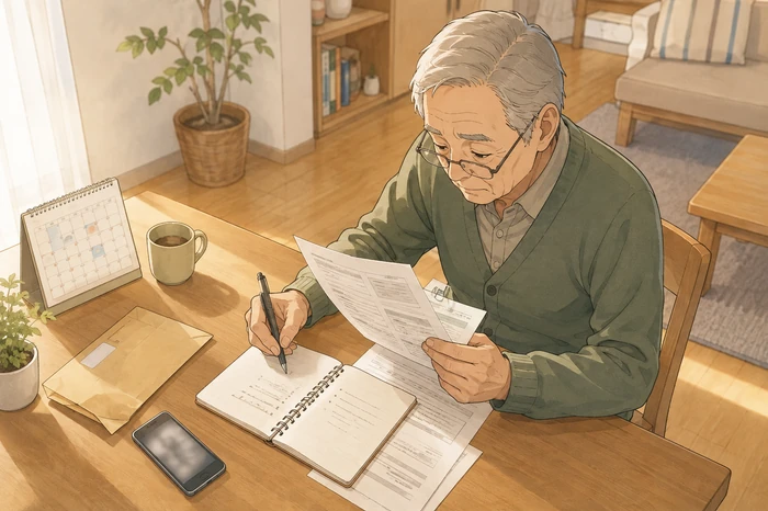 70代男性の身寄りのない高齢者が自宅のテーブルで役所からの封筒を開け、小さな文字の書類を老眼鏡越しに読みながらメモを取っている画像
