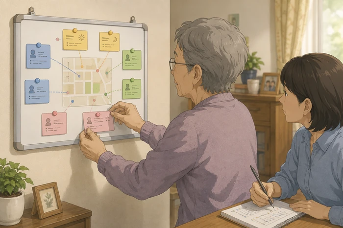 70代と50代の家族がテーブルで緊急対応の役割分担を示すシートを並べ、誰がどの役割を担うか指差している画像