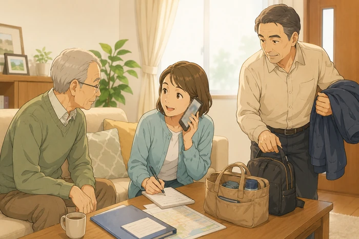 高齢の親と50代・60代の子が電話対応役と病院へ行く現地対応役に分担する打ち合わせをする茨木市 身元保証の場面画像