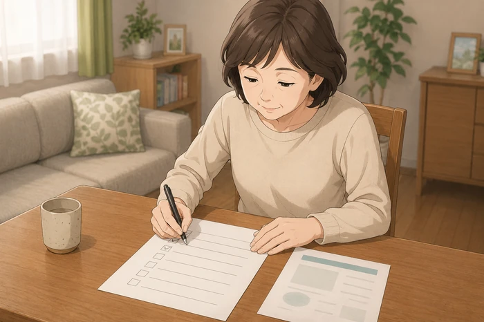 高齢者または家族が相談前に『お願いしたい手続き』を一覧に書き出している様子を描いた画像