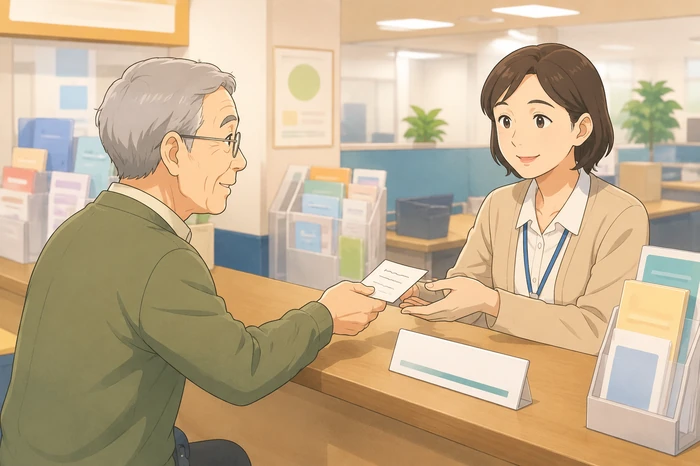 70代の高齢者と支援者が自治体の窓口カウンターで、本人の今気になることを書いた短いメモを受け渡している様子の画像