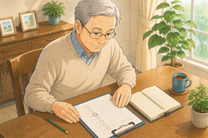 70代の高齢者がチェックリストで一つの項目に丸を付け、窓口へ連絡する予定を書き込んでいる画像