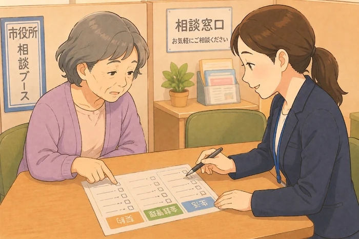 市役所の相談ブースで「生活・金銭管理・契約」などカテゴリー分けされた簡易チェックリストを職員と確認する高齢者の様子、身寄りのない高齢者 公的支援の確認画像