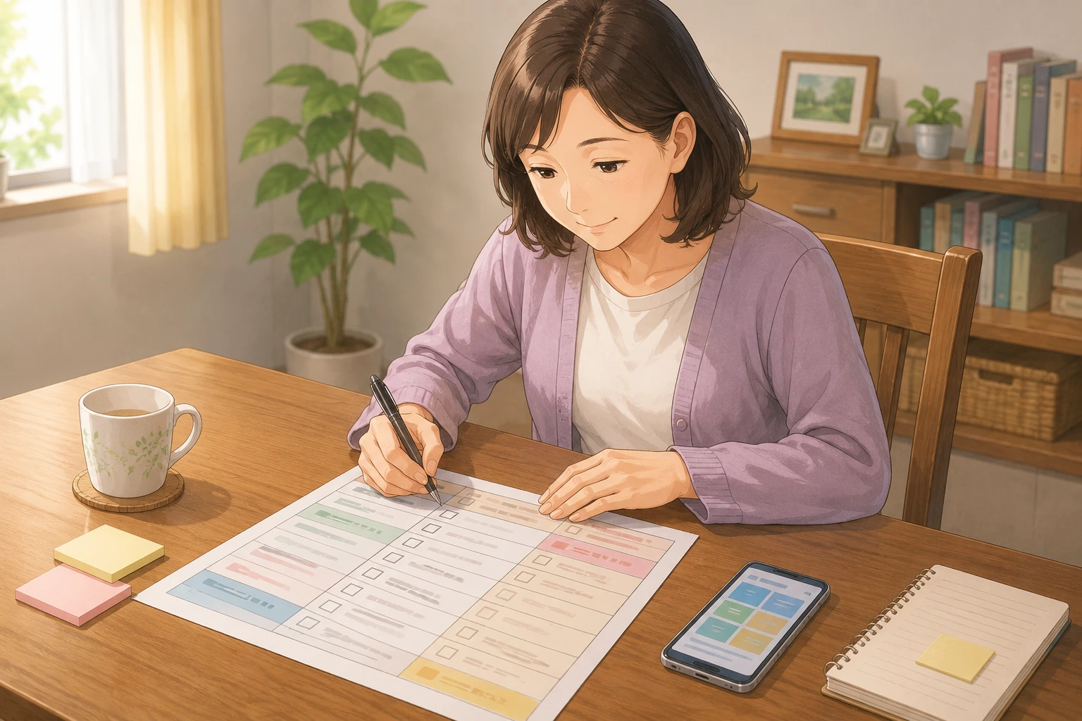 家族がテーブルで高槻市用の確認シートに記入し、病院や施設から聞かれた内容を整理している画像