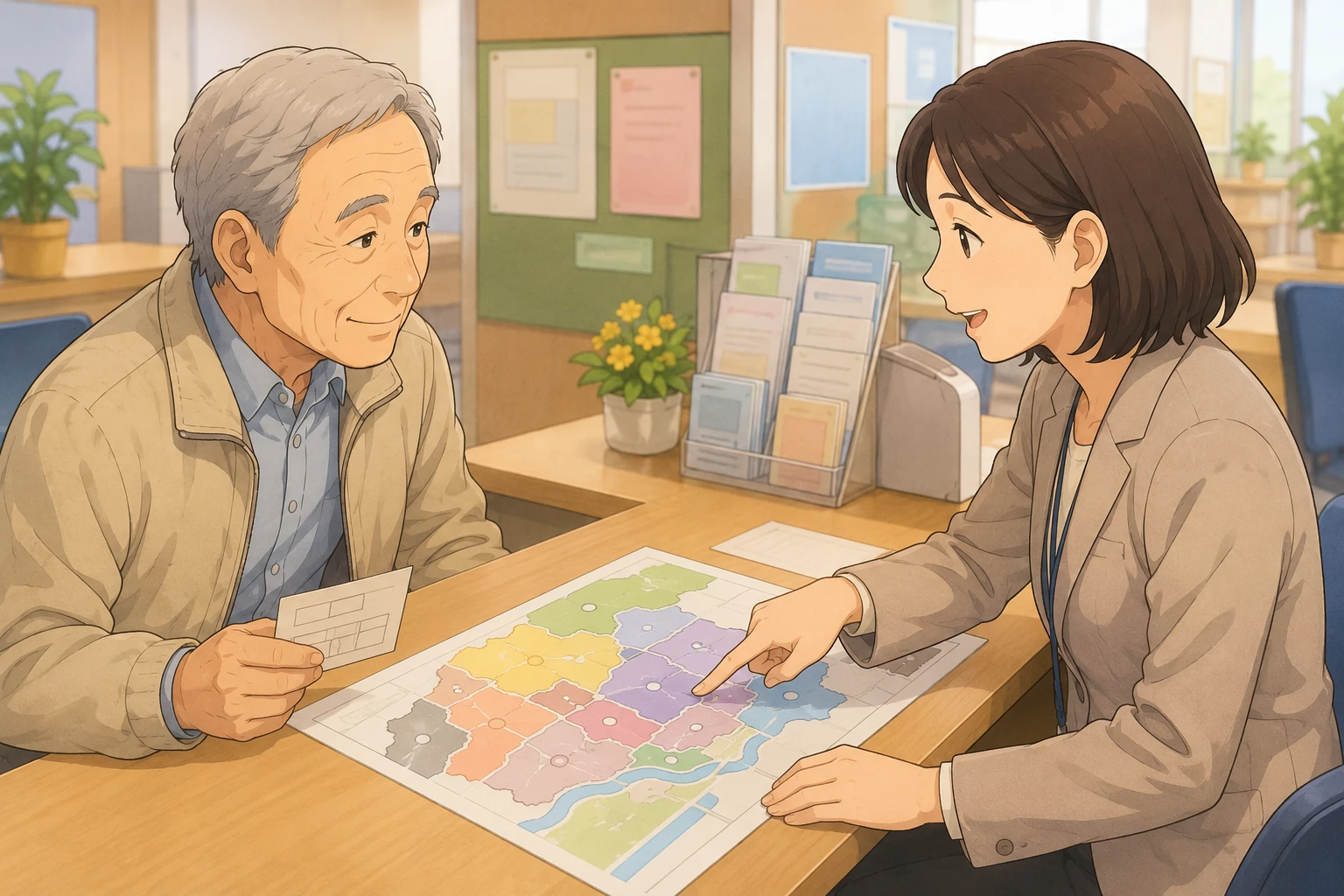 高槻市の地域包括支援センターの窓口で、70代の高齢者が相談員と資料を見ながら話している画像