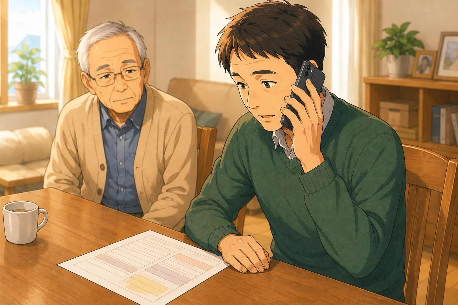 高槻市で親の入院書類を前に、子どもが病院へ電話で必要事項を確認している画像