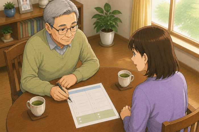 高齢の父と娘が共有の確認用紙を見ながら、誰が現地に行けるかを書き出している画像