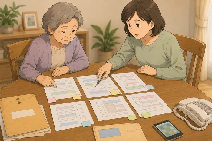 自宅のテーブルで高齢者と中年の家族が書類を並べ、誰がどの書類を確認・提出するか分担を話し合っている画像