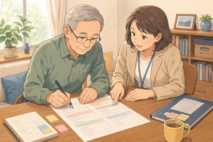 葬儀・納骨の希望確認シートに実際に記入し支援者と確認する70代男性の画像