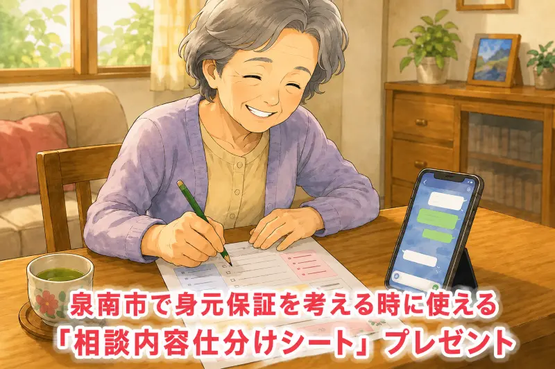 高齢の女性が相談内容仕分けシートに記入し、スマートフォンの抽象的なチャット画面でシート請求をしようとしている画像