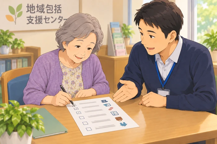 地域包括支援センターで高齢女性が支援員と現状の判断できる項目を一つずつ確認している画像