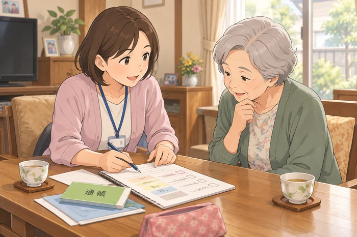 民生委員が継続的な通帳管理ではなく関係機関へつなぐ必要性を説明している画像