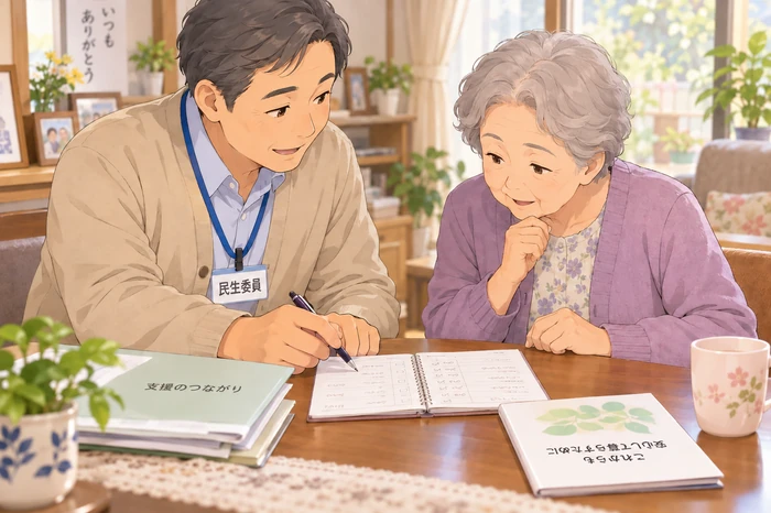民生委員の男性が相談者と連絡先リストを見ながら、家族やケアマネの連絡可否を確認している画像