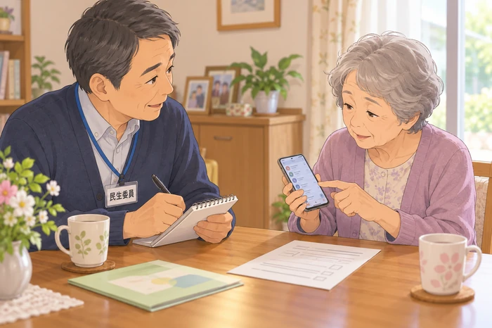 民生委員が高齢者から家族関係や連絡先の事情を聞き取る画像