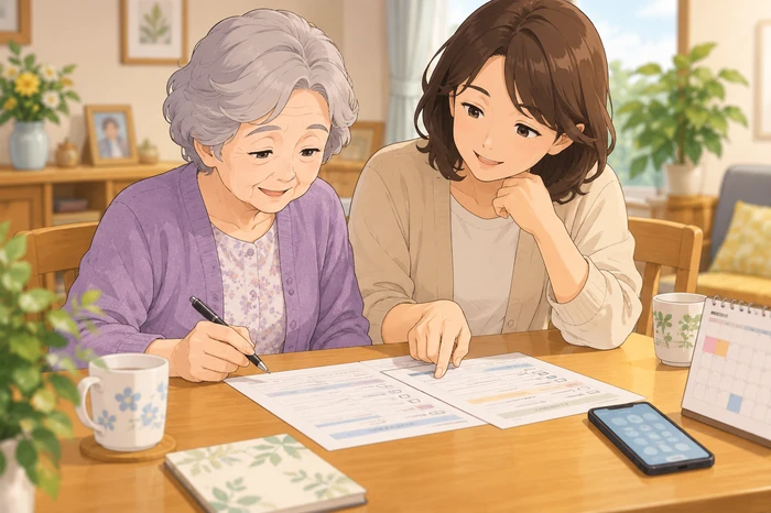 高齢者と家族が相談内容確認シートを見ながら最近の生活や緊急連絡先を一緒に確認している画像