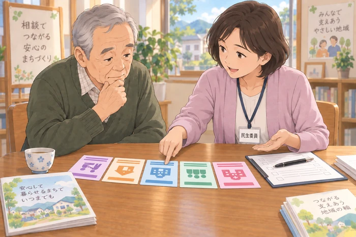 民生委員の女性が相談者と一緒に、生活支援や病院相談などの選択肢を示すメモを並べて相談先を整理する画像