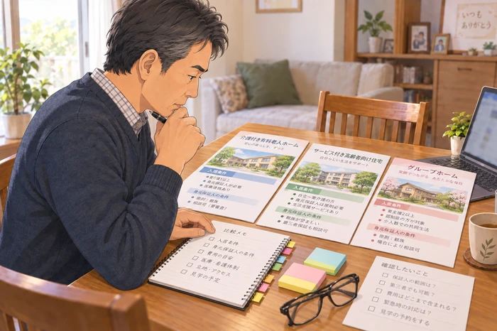 複数の施設パンフレットを並べて違いを比較する中年の男性（家族）がメモを取る画像
