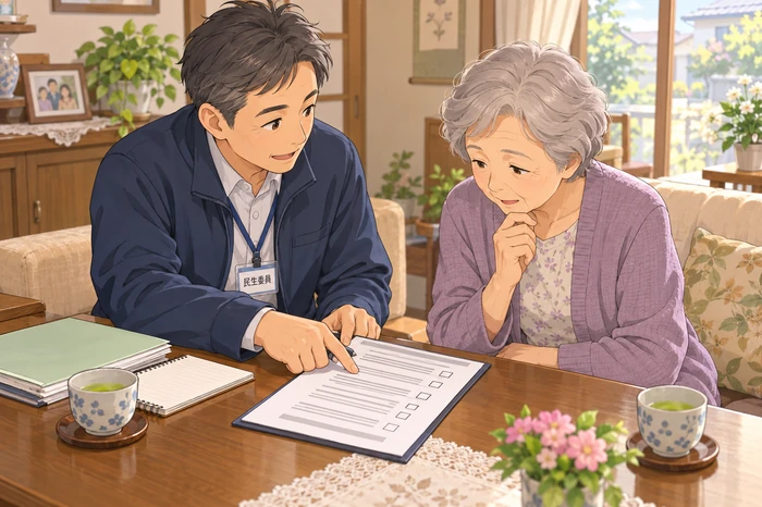 民生委員の男性が訪問先でつなぎ先確認シートの「受診前・入院中」欄を指し示して高齢者と確認する画像