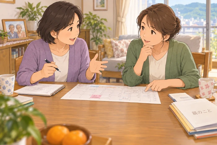 兄弟で分担表を作り、電話対応と現地対応を分けて話し合う中年の兄と妹の場面画像