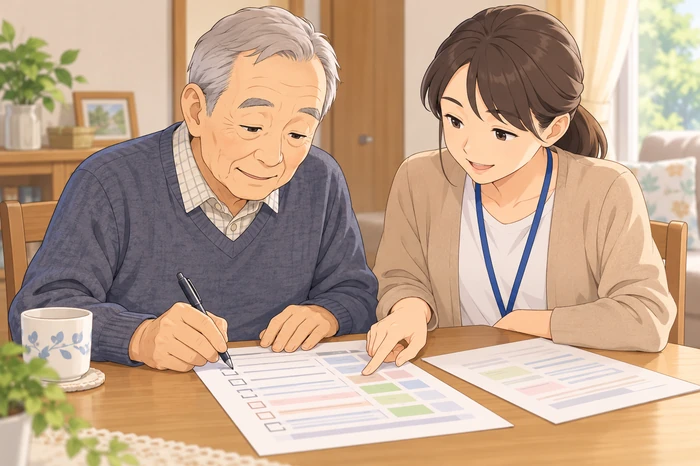 高齢の男性と支援者が判断能力のチェックリストを一緒に確認している画像