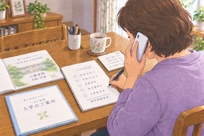 施設に何を求められるか電話で質問しながらチェックリストに書き込む中年の女性の画像