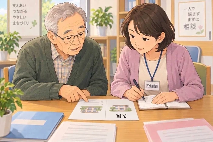 民生委員と高齢者が入院か施設入所かを示す資料を確認する画像