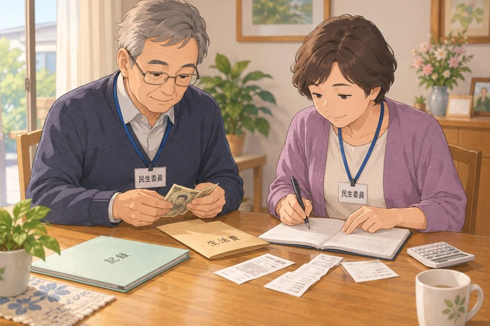 民生委員が別の委員と一緒に受け取った現金や領収書を確認して記録する画像